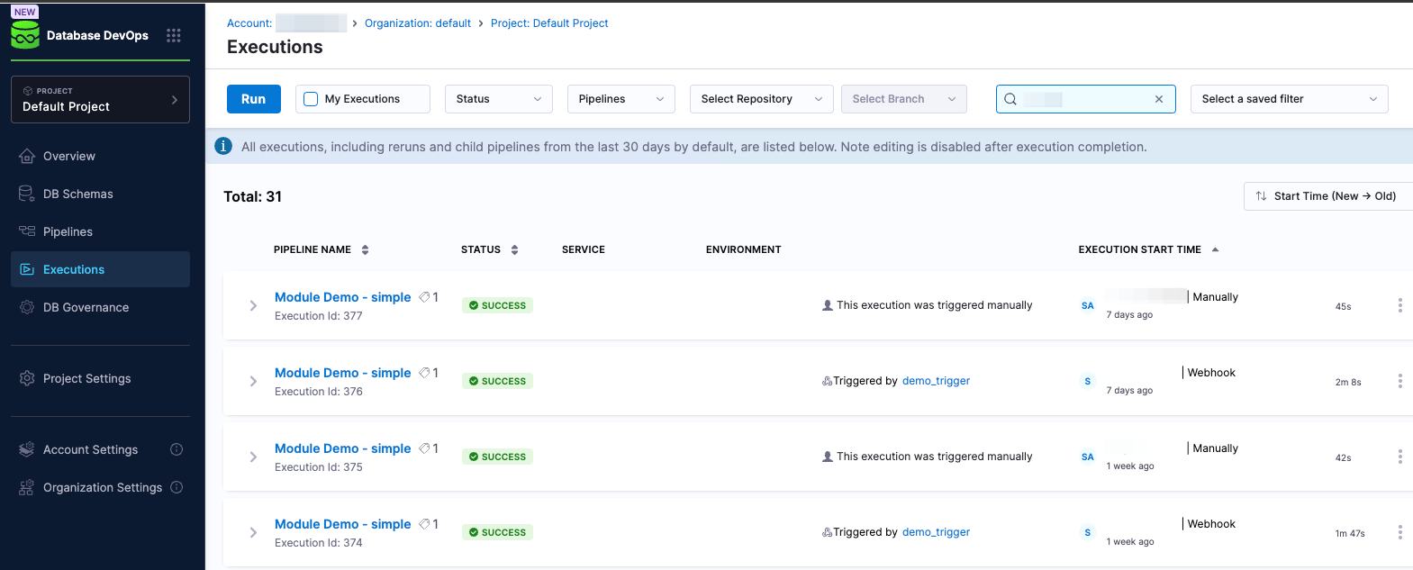 A screenshot of the Harness Database DevOps Executions UI