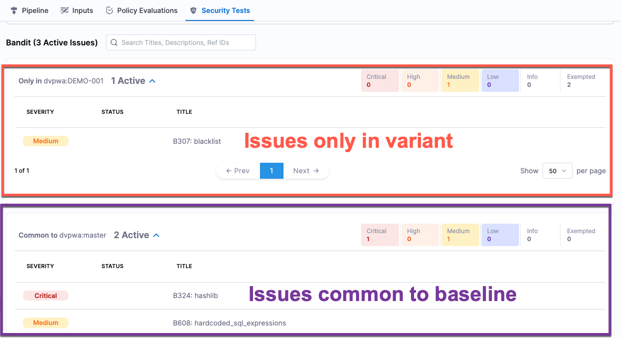 Targets and baselines in the Test Targets page